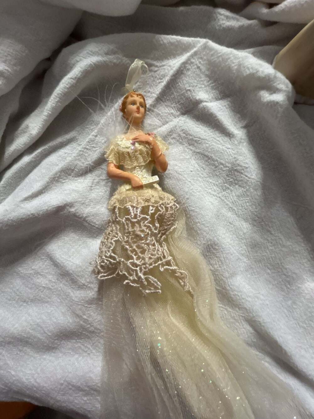 Victorian Style Lady Figurine Hanging Ornament with Lace and Tulle Gown